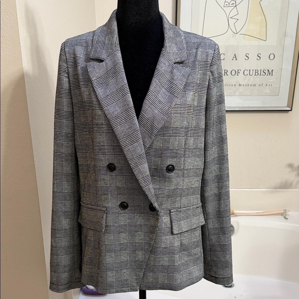 june & hudson Grey Plaid Double-Breasted Blazer